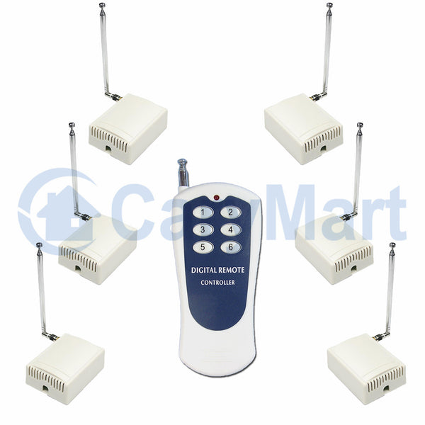 Système de télécommande sans fil RF à une télécommande et six récepteurs CC avec modes de contrôle à verrouillage momentané à verrouillage automatique (Modèle 0020431)