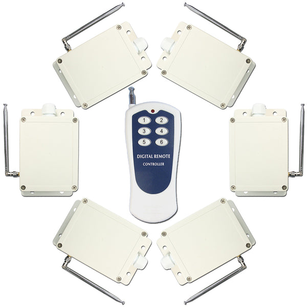 Système de télécommande sans fil RF à une télécommande et six récepteurs CA avec modes de contrôle à verrouillage momentané à verrouillage automatique (Modèle 0020433)